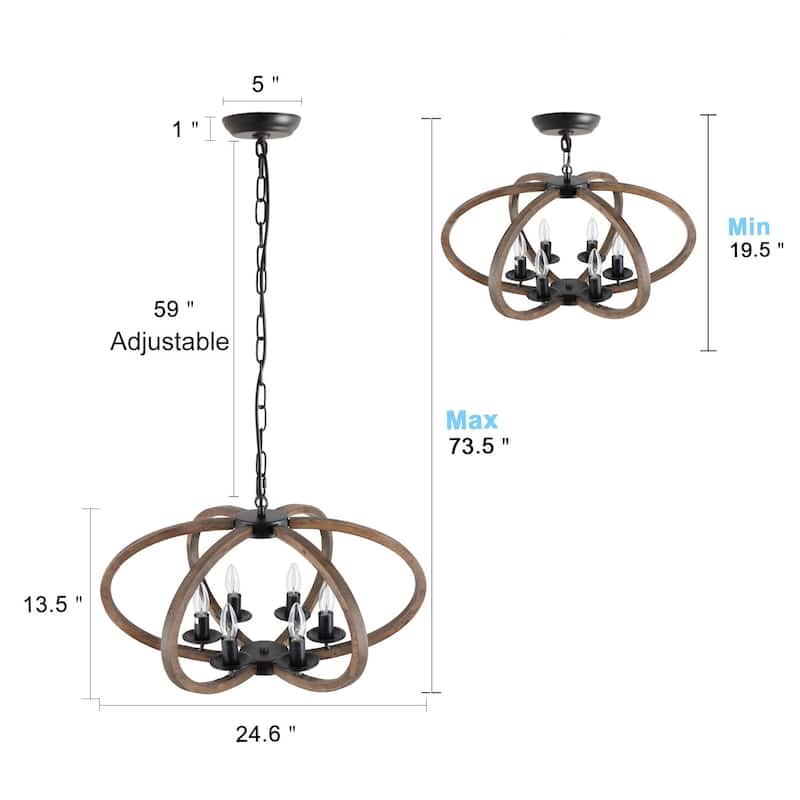 Anmytek 6-Light Wooden Kitchen Island Pendant Light Rustic Candle Style Hanging Light Fixture for Living Room Dining Room