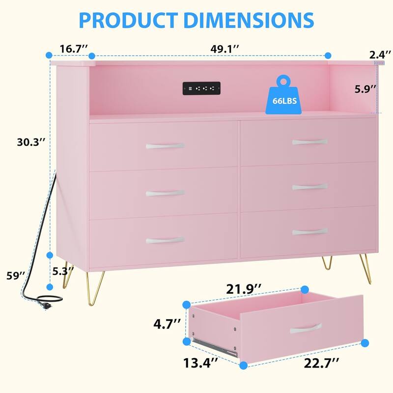 Dresser with LED Light for Bedroom 6 Drawer