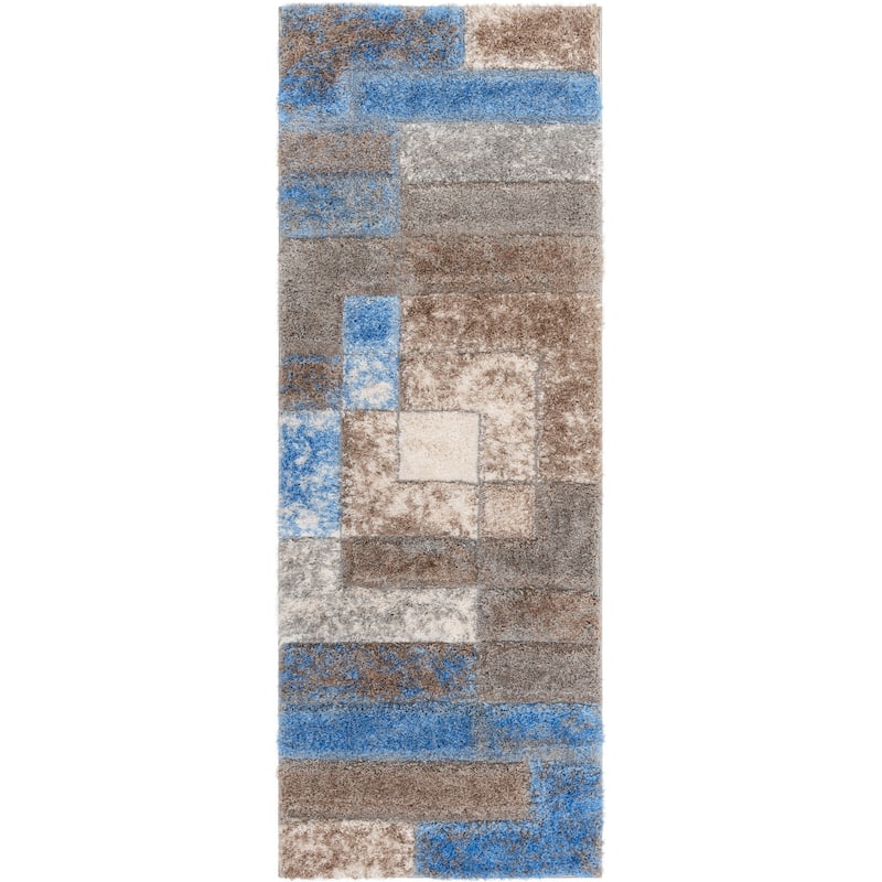 Well Woven Lolly Kenzo Retro Geometric Pattern High Low Shag Area Rug - 2' 3" x 7' 3" - Grey Light Blue - Runner