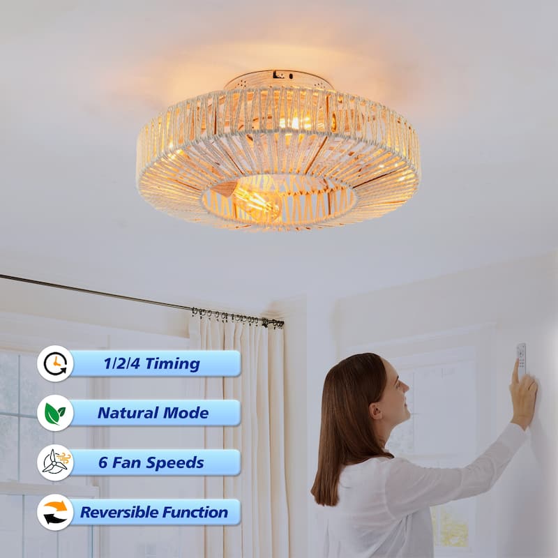 20 inch Flush Mount Ceiling Fan Light with Remote Caged Farmhouse Fandelier Black Wood Low Profile