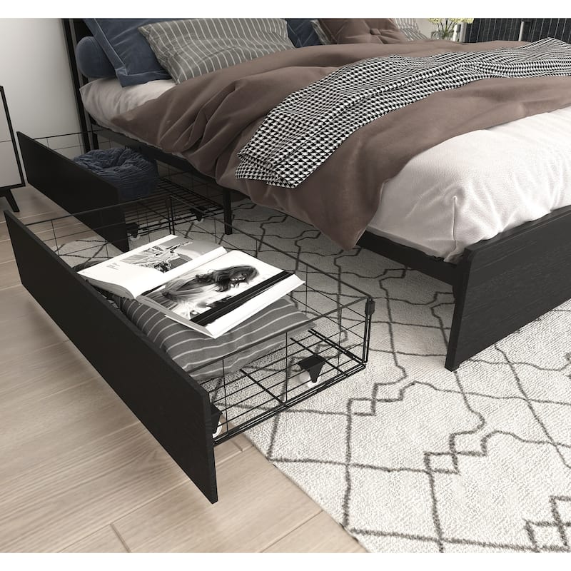 King Size Practical Storage Bed with 4 Drawers, Heavy Duty Metal Platform Bed Frame, LED Storage Headboard with Charging Station