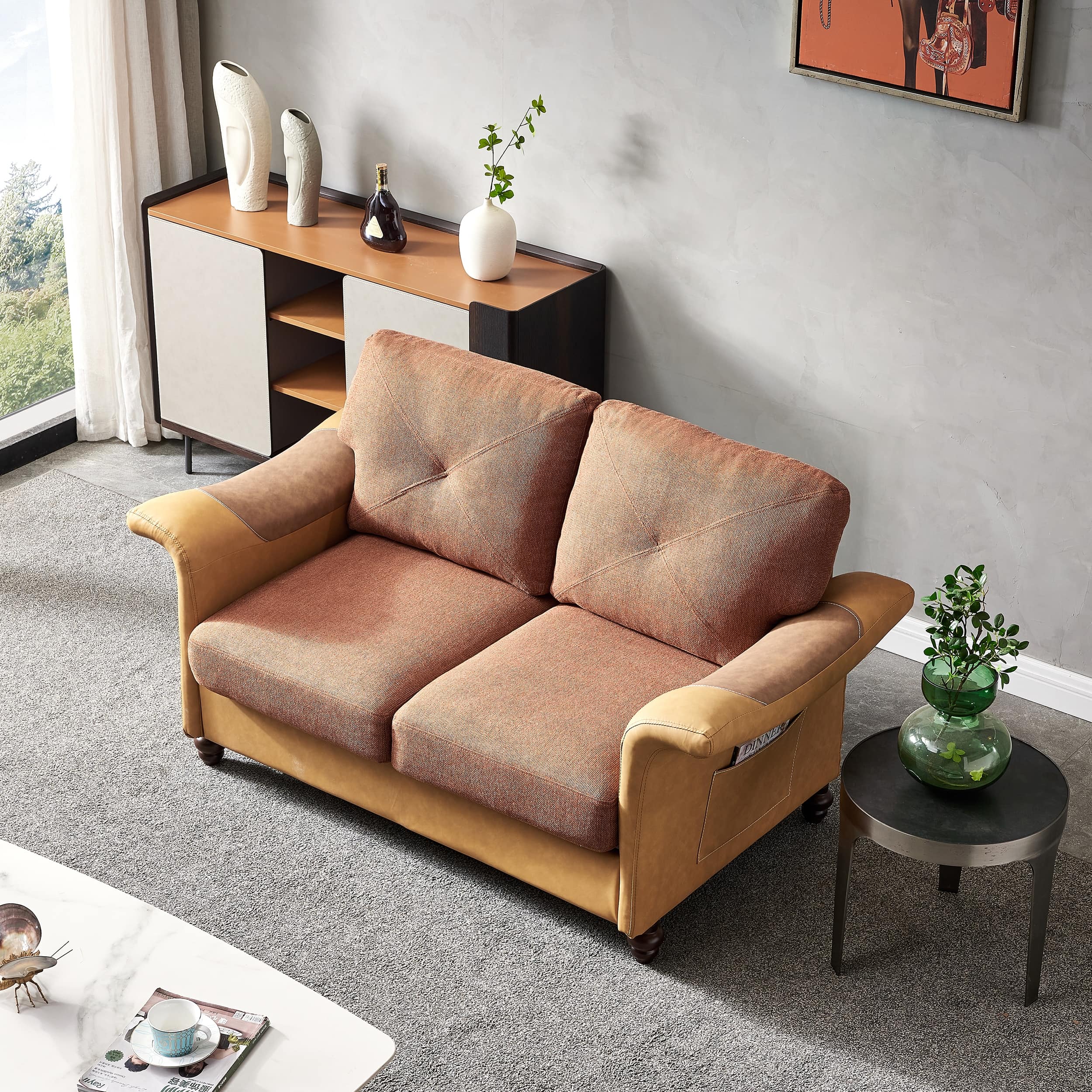 Linen Fabric Faux Leather Loveseats Sofa Living Room Folding Armrest