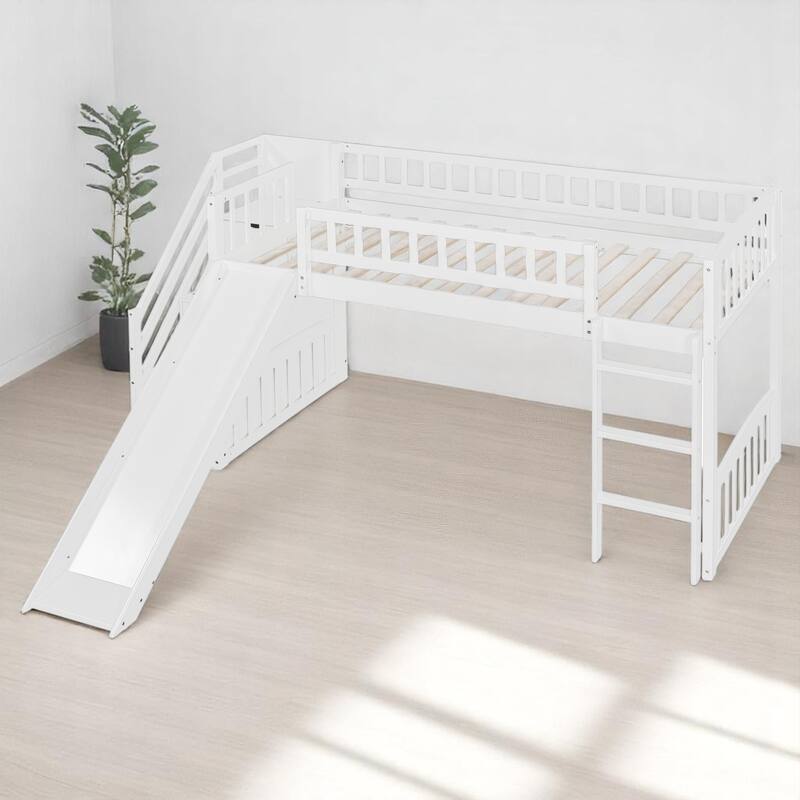 Twin Size Loft Bed with Slide, Staircase Storage Drawers, Convertible Ladder, and Guardrails, No Box Spring Needed