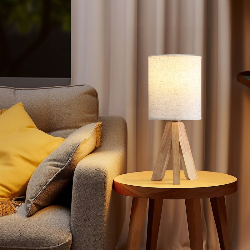 Modern Wood and Linen Table Lamp with Rocker Switch - Natural Wood & Beige Fabric Shade (No Bulb Included)