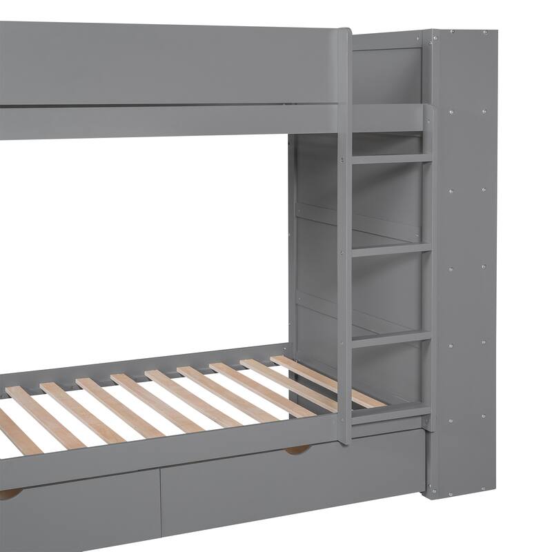 Space-Saving Twin Over Twin Bunk Bed with Drawers and Cabinet, Gray