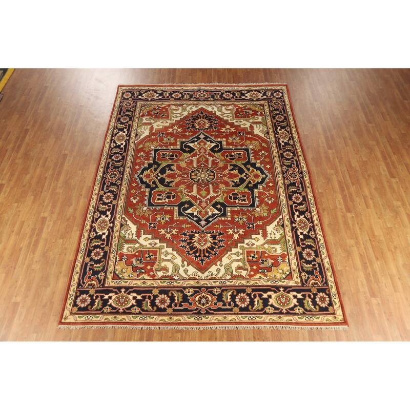 Geometric Medallion Heriz Serapi Indian Rug Hand-Knotted Wool Carpet - 8'10" x 12'0"