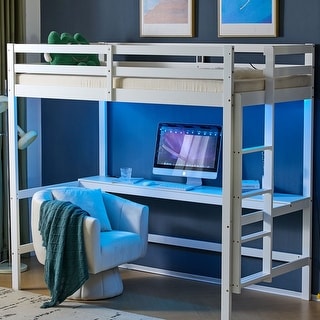 Wood Loft Bed with Desk Twin Size with RGB LED for Adults, 2 Charging Station