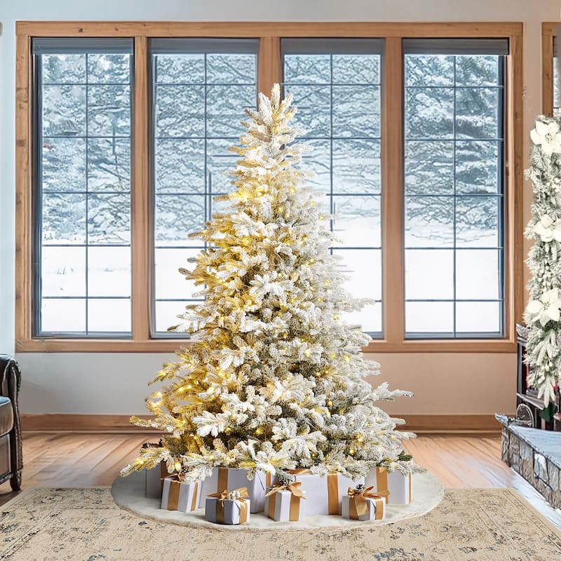 Glitzhome 6FT/7.5FT/9FT/11FT Snow Flocked Pre-lit Artificial Fir Christmas Trees