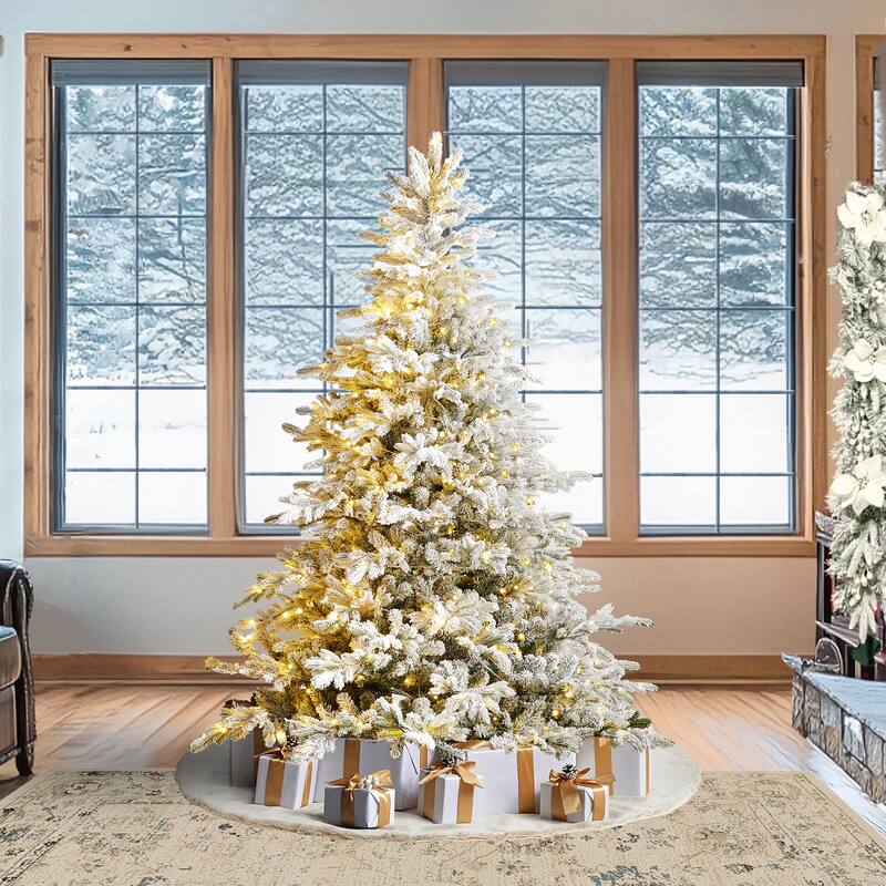 Glitzhome 7.5ft/9ft Pre-Lit Flocked Full Fir Artificial Christmas Trees with Foot Pedal