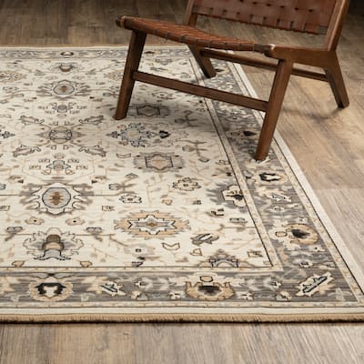 Adelaide Traditional Bordered Beige/ Grey Wool Blend Area Rug-