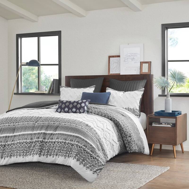 3 Piece Cotton Comforter Set with Chenille Tufting Gray Full/Queen