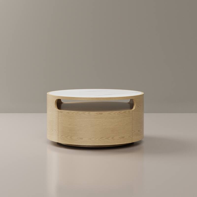 31.5" Modern Light Wood Round Coffee Table, with 2 Drawers, Solid Wood Texture, Fully Assembled - Marble/Slate - Light Wood