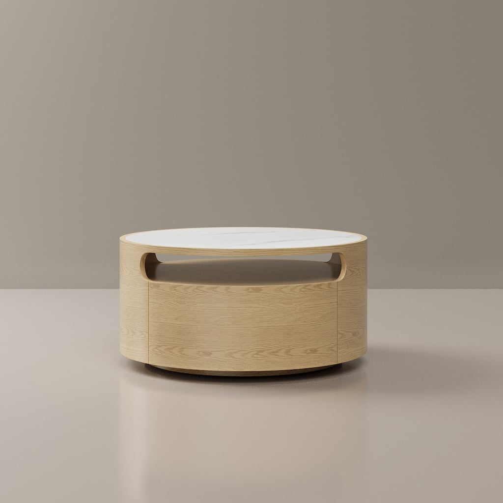 31.5" Modern Light Wood Round Coffee Table, with 2 Drawers, Solid Wood Texture, Fully Assembled