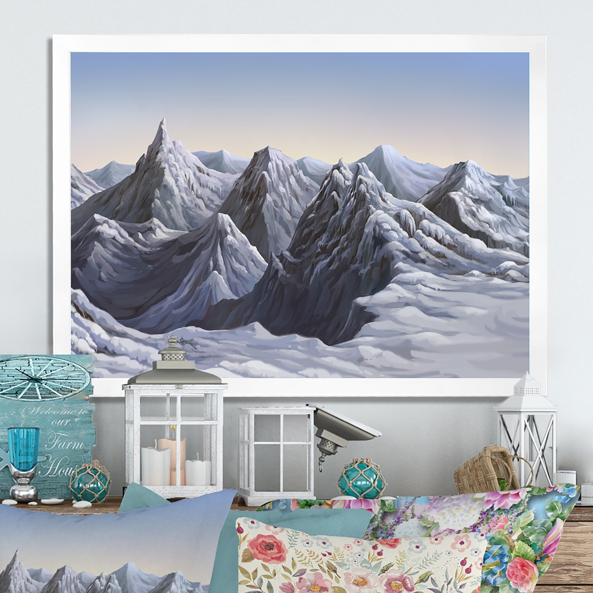 絵画 Winter Mountain Reflection of winter landscape and icy mountain watercolor