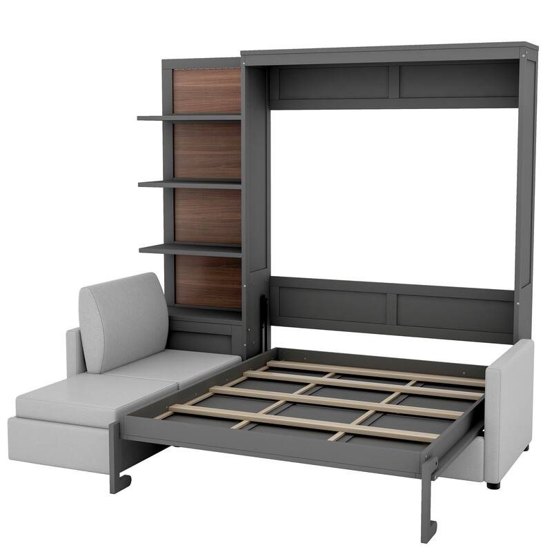 Queen Murphy Bed with Built-in Sofa, Shelves & Space-Saving Design