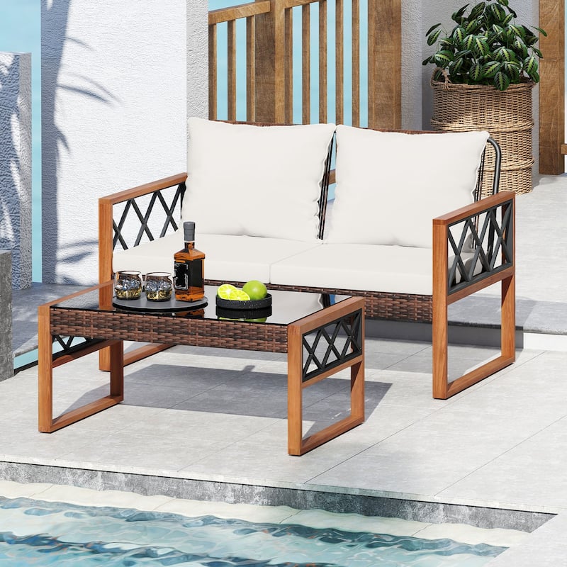 2 Piece Mix Brown PE Rattan Outdoor Loveseat with Cushions and Coffee Table - Loveseat: 28" x 50" x 31.5"