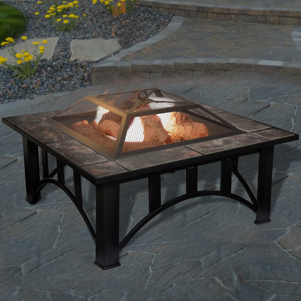 Pure Garden Wood Burning 33-inch Square Marble Tile Fire Pit Set - 33 x 33 x 20
