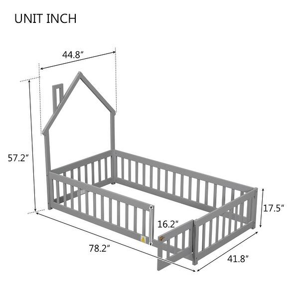 Grey Twin Size Pine House-Shaped Headboard Floor Bed with Fence