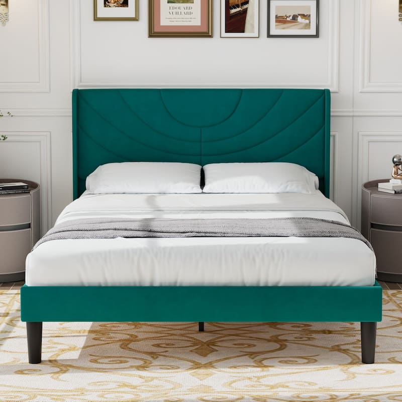 Javlergo Upholstered Bed Frame with Wingback Panel Headboard, No Box Spring Needed - Green - Queen