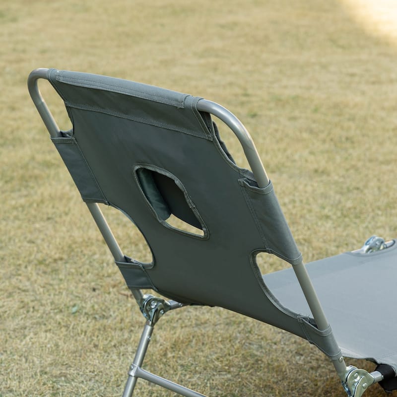 Outsunny Folding Beach Lounge Chair with Face Hole and Arm Slots, 5-level Adjustable Sun Lounger Tanning Chair with Pillow - N/A