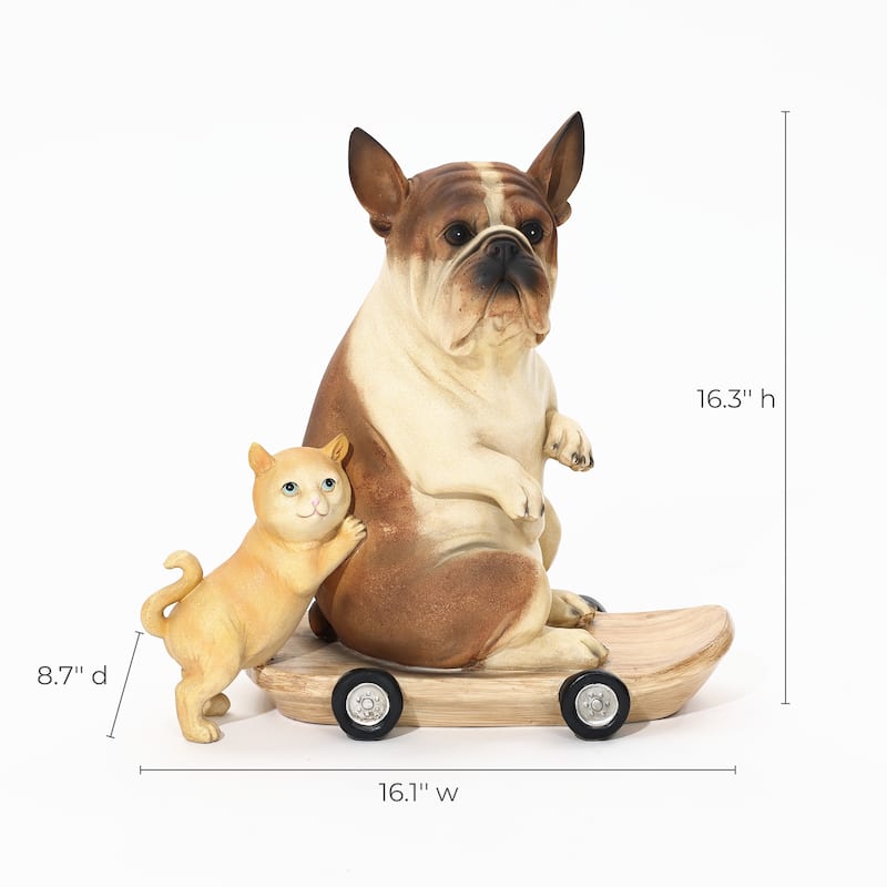 Kitten and Dog with Skateboard Sculpture Resin Statue, Indoor and Outdoor