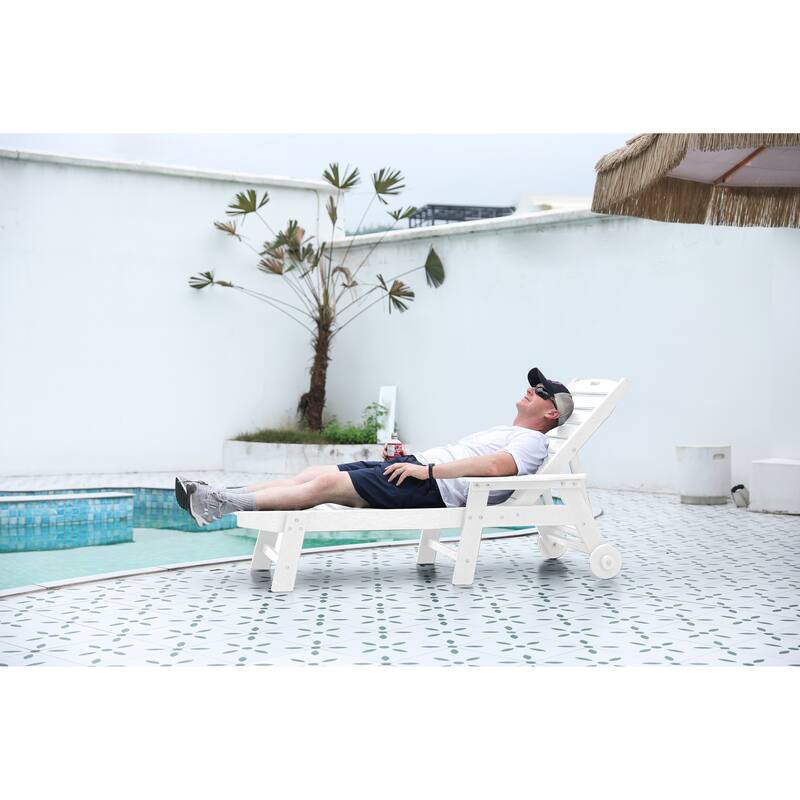 Wood Chaise Lounge Chair with Wheels, Patio Reclining Chair with 5-Level Backrest Adjustment & Cup Holder
