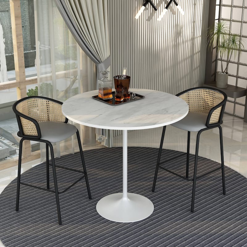 LeisureMod Verve Round Bar Dining Table with White Resin TableTop and White Steel Base for Kitchen & Dining Room