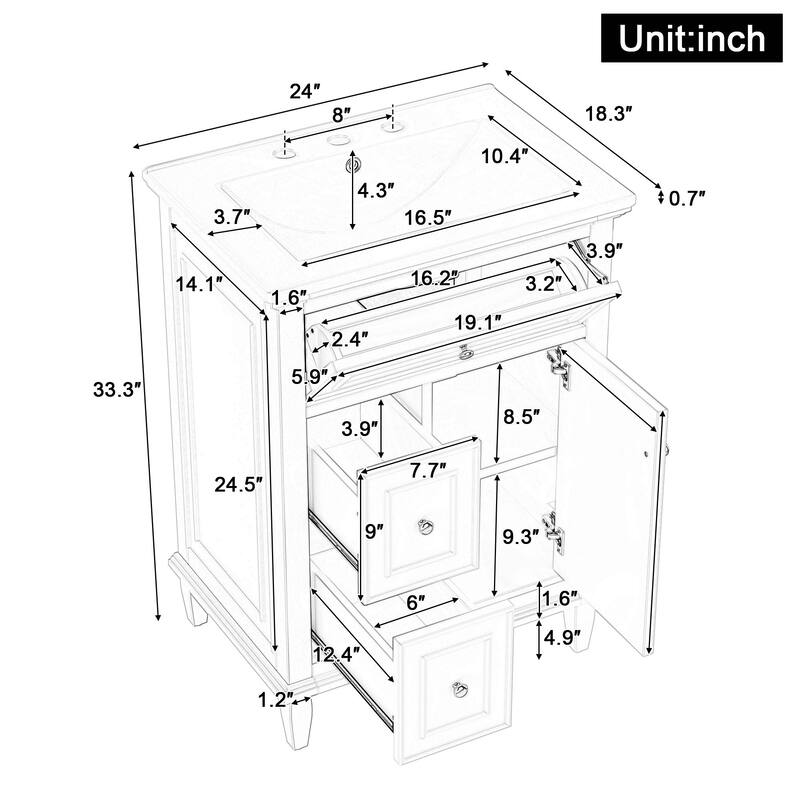 24" Bathroom Vanity with Sink, Bathroom Vanity Cabinet with One Flip Drawer and Two Drawers, Adjustable Shelf