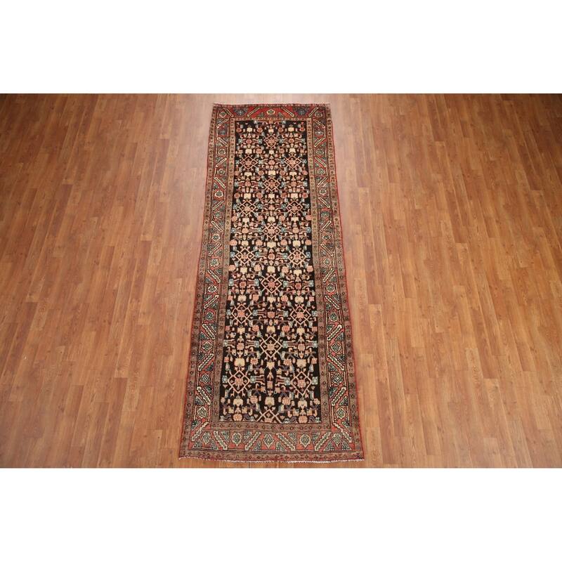Hand Knotted Oriental 100% Wool Carpet Traditional Geometric Black Mahal Runner Rug - 9' 5'' X 3' 3''