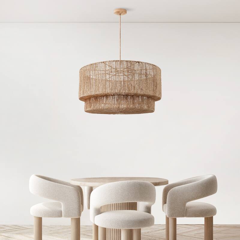Luminous Rattan Pendant Light - Natural Drum Handwoven Light Fixture For Modern, Transitional, Farmhouse, Boho Room Décor.