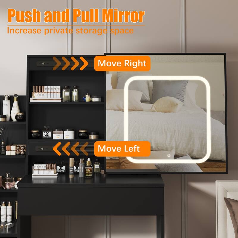 Vanity Desk with Mirror and LED Lights, Makeup Vanity Desk with Sliding Lighted Mirror & Charging Station