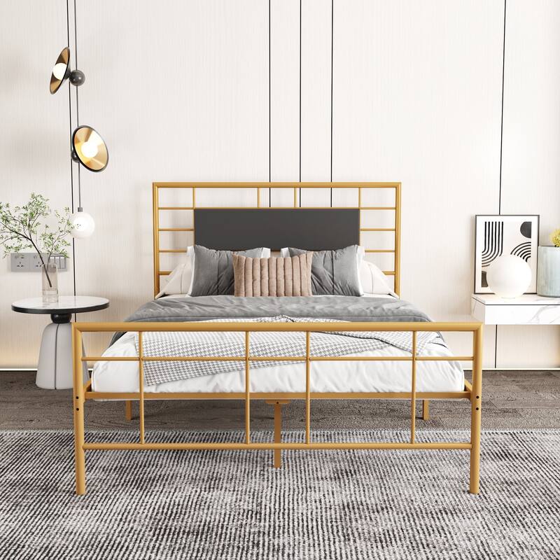 NNV Full Size Platform Metal Bed Frame with Leather Upholstered Headboard