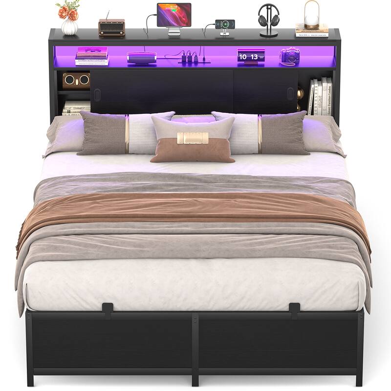 Platform Bed Frame with Sliding Doors Storage Headboard, Beds with Charging Station and LED Light
