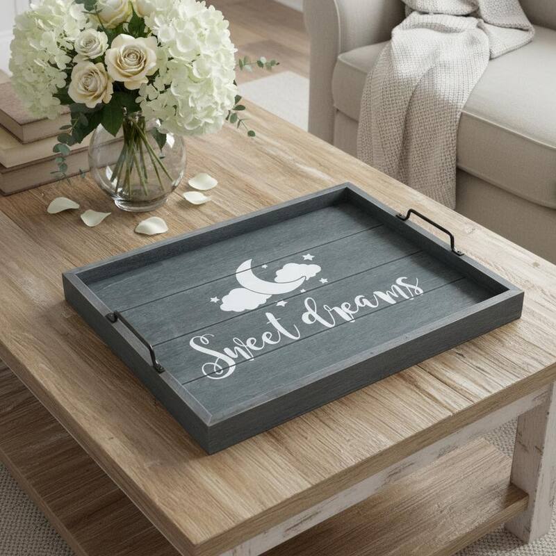 HomeRoots 16" Dark Blue And White Sweet Dreams Serving Tray With Handles - 15.50 in. x 2.25 in. x 12.00 in. - Dark Blue/White - 15.50 in. x 2.25 in. x 12.00 in.