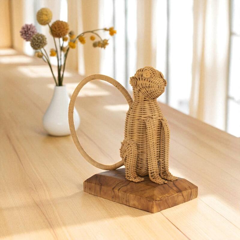Rattan Monkey Sculpture - Hand Woven Animal Figurine on Wood Stand, Tropical Boho Decor - 10.5" wide x 10" tall x 5" deep