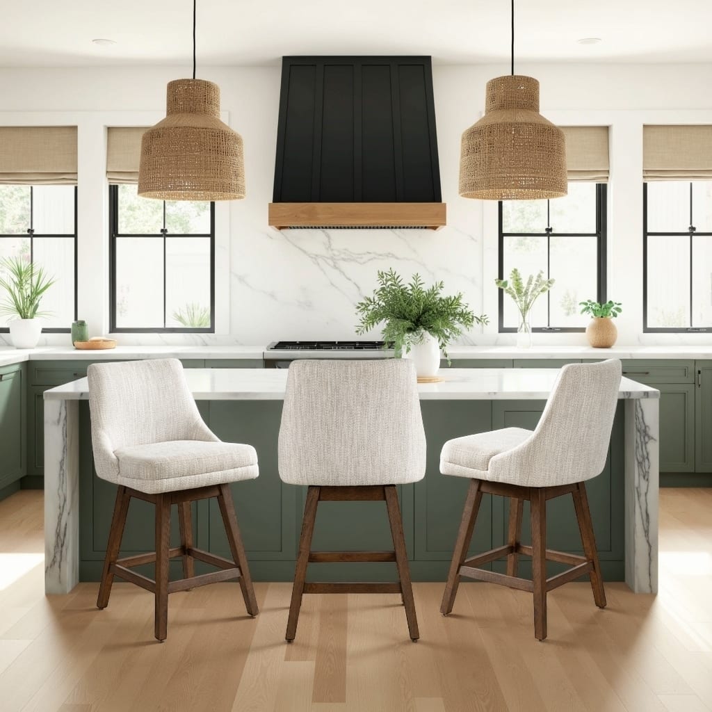 Branson Solid Wood Upholstered Counter Height or Bar Height Swivel Barstool with Fabric Seat