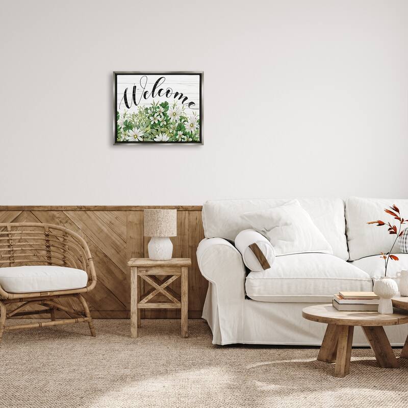 Stupell Welcome Rustic Planked Sign White Flower Blossoms Floater Frame, Design by Cindy Jacobs