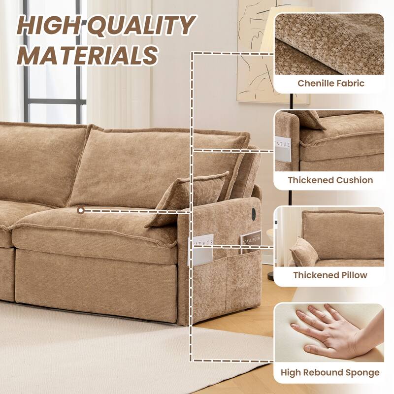 73.6" Corduroy 3-in-1 Convertible Sofa Bed with Pull-Out Sleeper, USB Charging Ports, and Side Storage