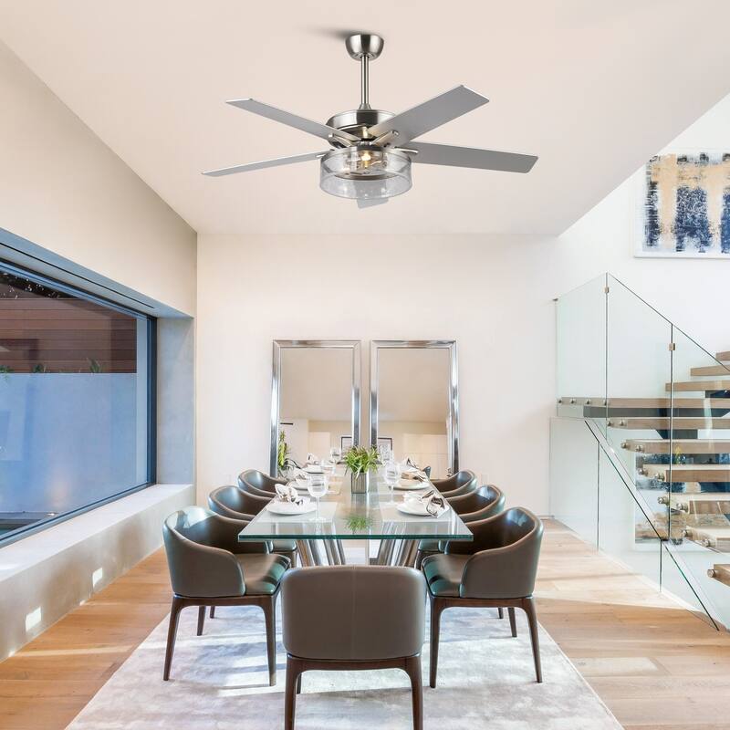 52-inch Modern Satin Nickel Bubble Shade Ceiling Fan with Light and Reversible Blades - 52'' W x 18.7" H