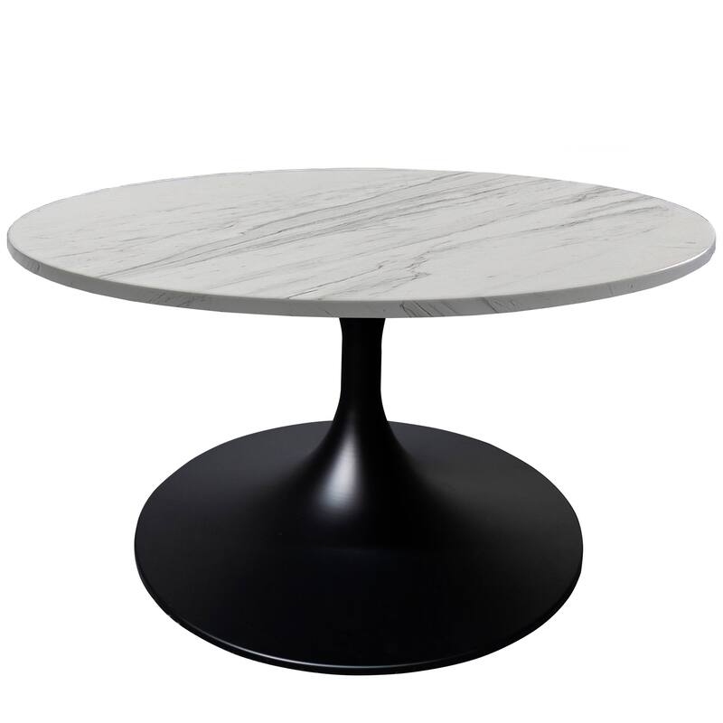 LeisureMod Verve 27" Round Coffee Table with Resin TableTop and Black Steel Base for Living & Bedroom - White Marble - Marble