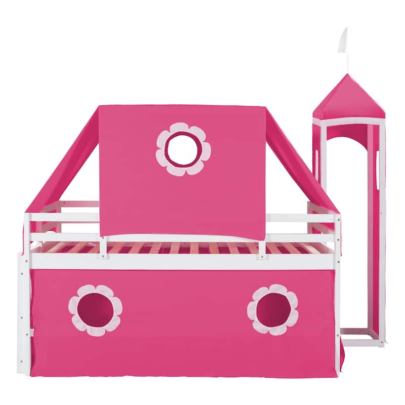 Playhouse Low Loft Bed with Slide, Pink Tent and Tower, Solid Pinewood Floor Bunk Bed Frame, Wooden Slats Support