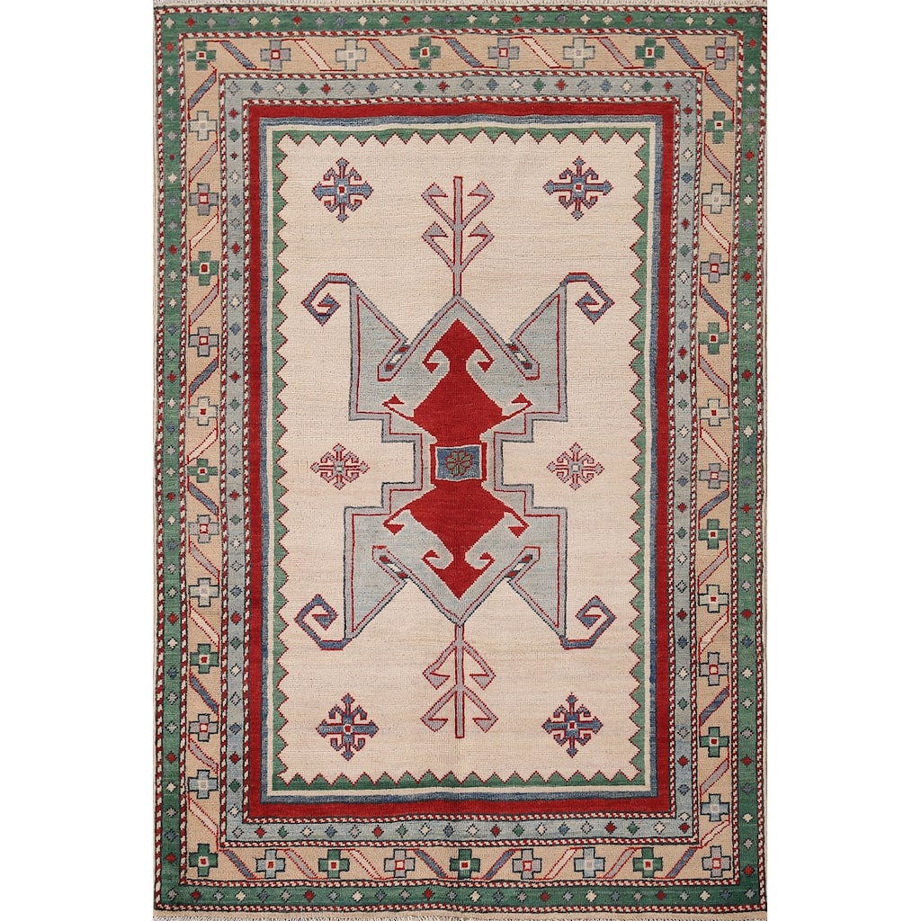 Ivory Geometric Kazak Oriental Area Rug Handmade Bedroom Wool Carpet - 4'0" x 5'9"