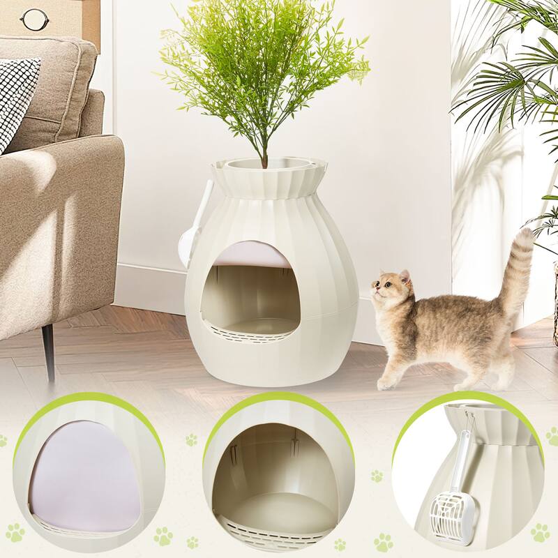 EROMMY Hidden Cat Litter Box Enclosure with Artificial Plants and Plasma Sterilization, Decorative Cat Furniture for Home