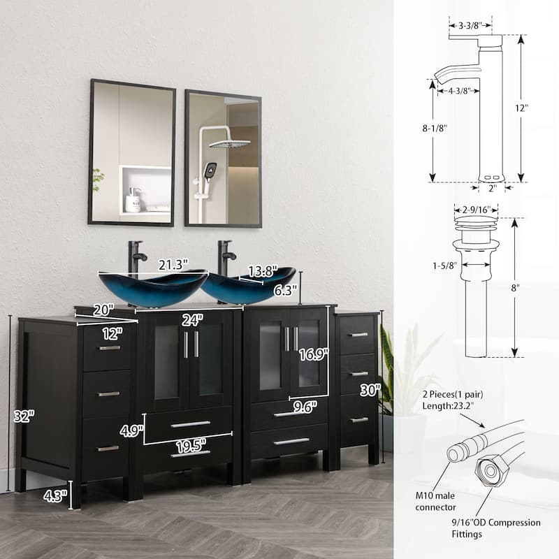 72" Bathroom Vanity Set Glass Ceramic Vessel Sink Side Cabinet Combo