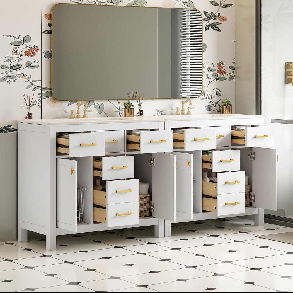 Roomfitters 72" Freestanding Bathroom Vanity with Ceramic Sink, Solid Wood Storage Cabinet with Drawers and Doors