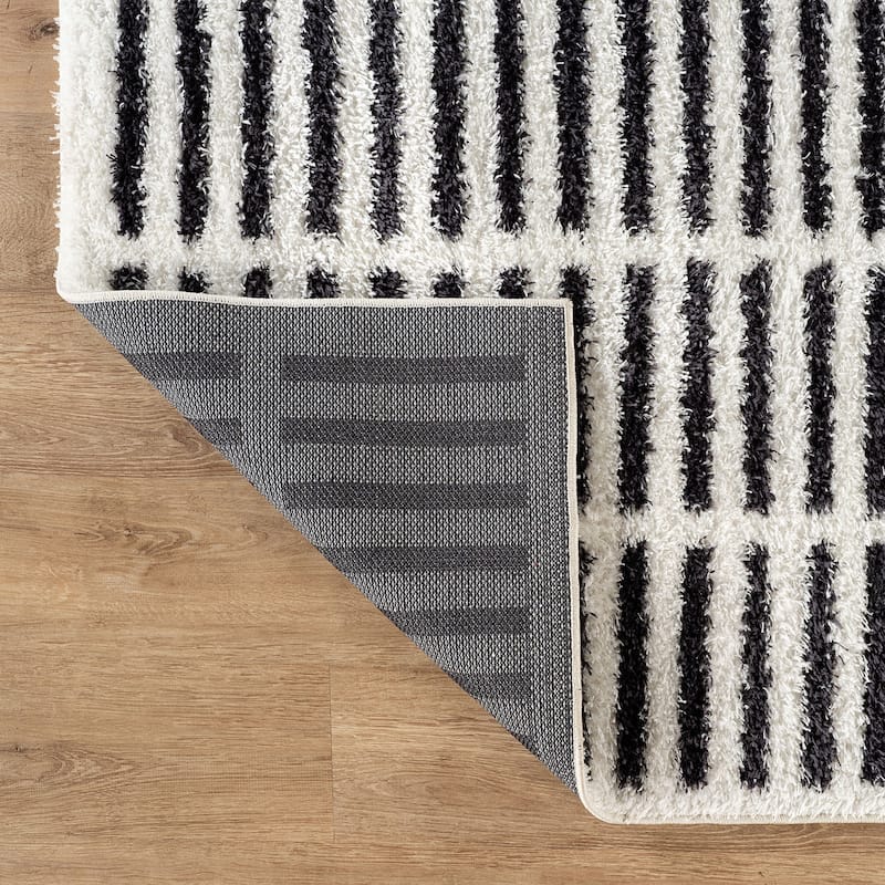 Bohemian Stripe Lines Shag Rug - Textured Surface - Anthracite Dark Gray - Easy to Clean