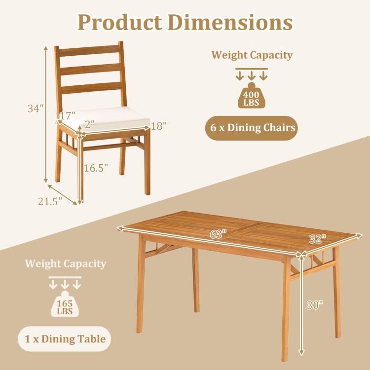 Natural Off-White Acacia Wood Dining Chairs Set of 4 with Cushions - 18” x 21.5” x 34” (L x W x H)