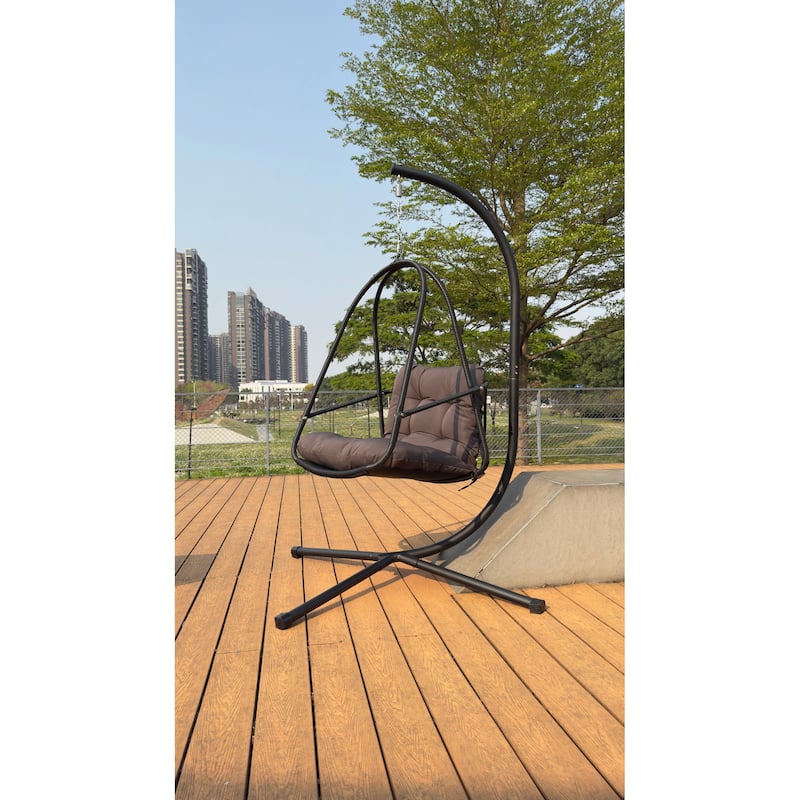 Swing Egg Chair with Cushion and Cup Holder for Indoor and Outdoor Use - Grey and Black