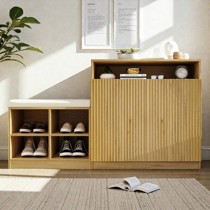 Entryway Shoe Cabinet with Bench, 2-Door Storage Console with Adjustable Shelves, 4 Open Shoe Racks & Cushion - Natural