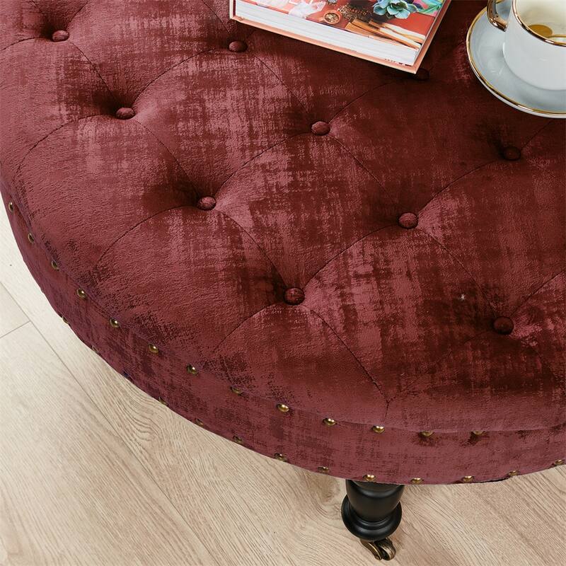 Round Velvet Tufted Coffee Table Ottoman, 34" x 34" x 17" H